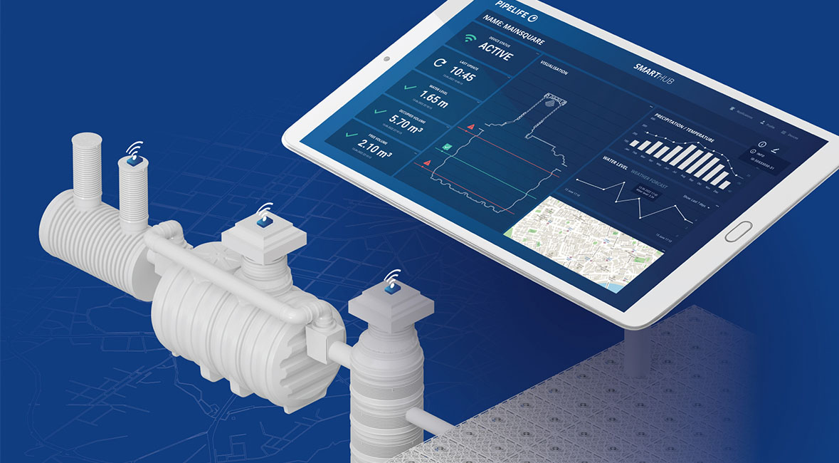 Illustration of smart level sensors with a preview of data the sensors send to a tablet; a blue print of a city in the background