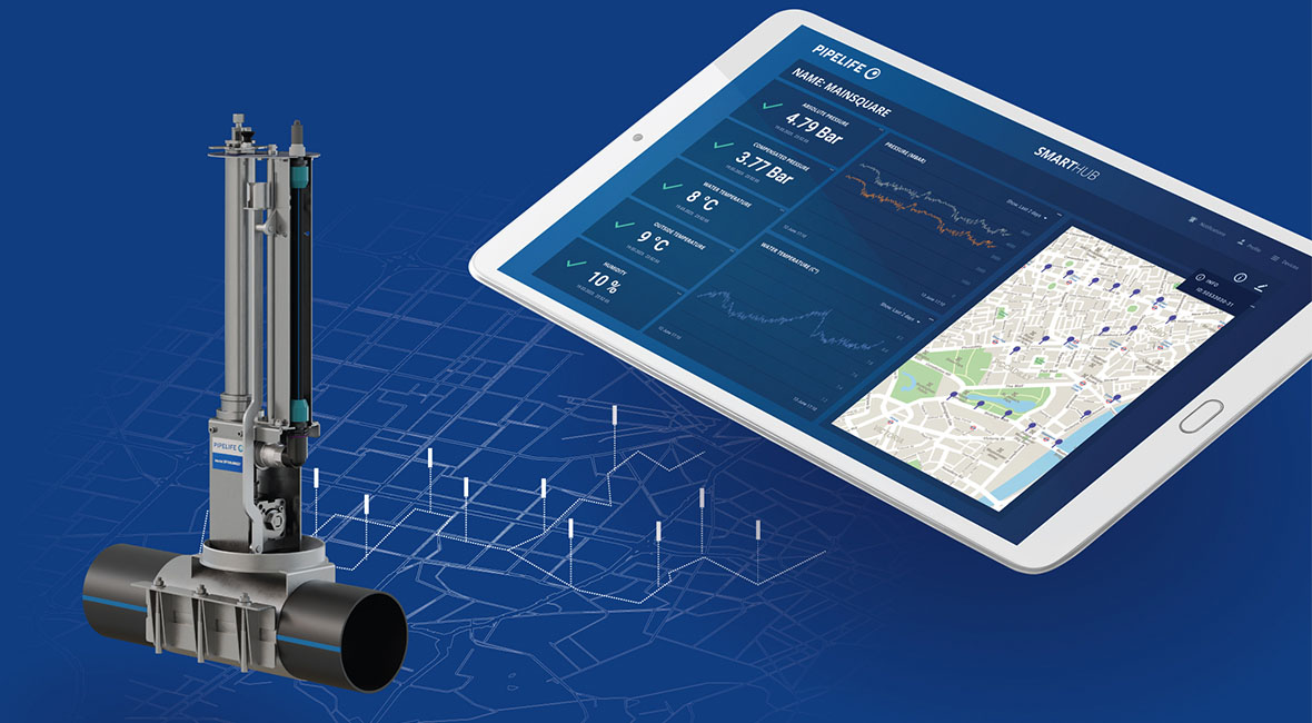 Illustration of a smart probe with a preview of data transmitted by the sensors to a smart hub on a tablet; a blueprint of a city in the background