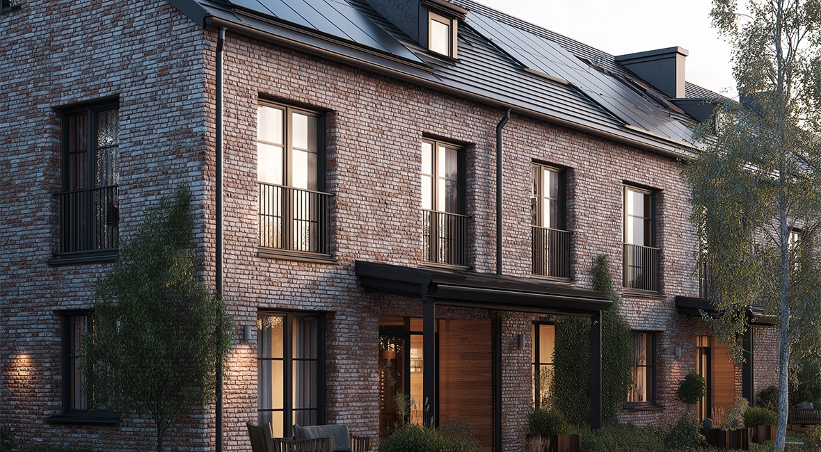 Houses with brick walls and dark pitched roofs (photo)