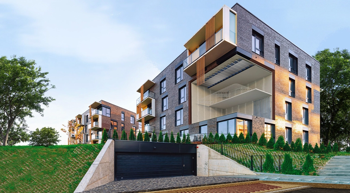 Animated illustration of a garage with a piping solution, with two building complexes in the background (photo)