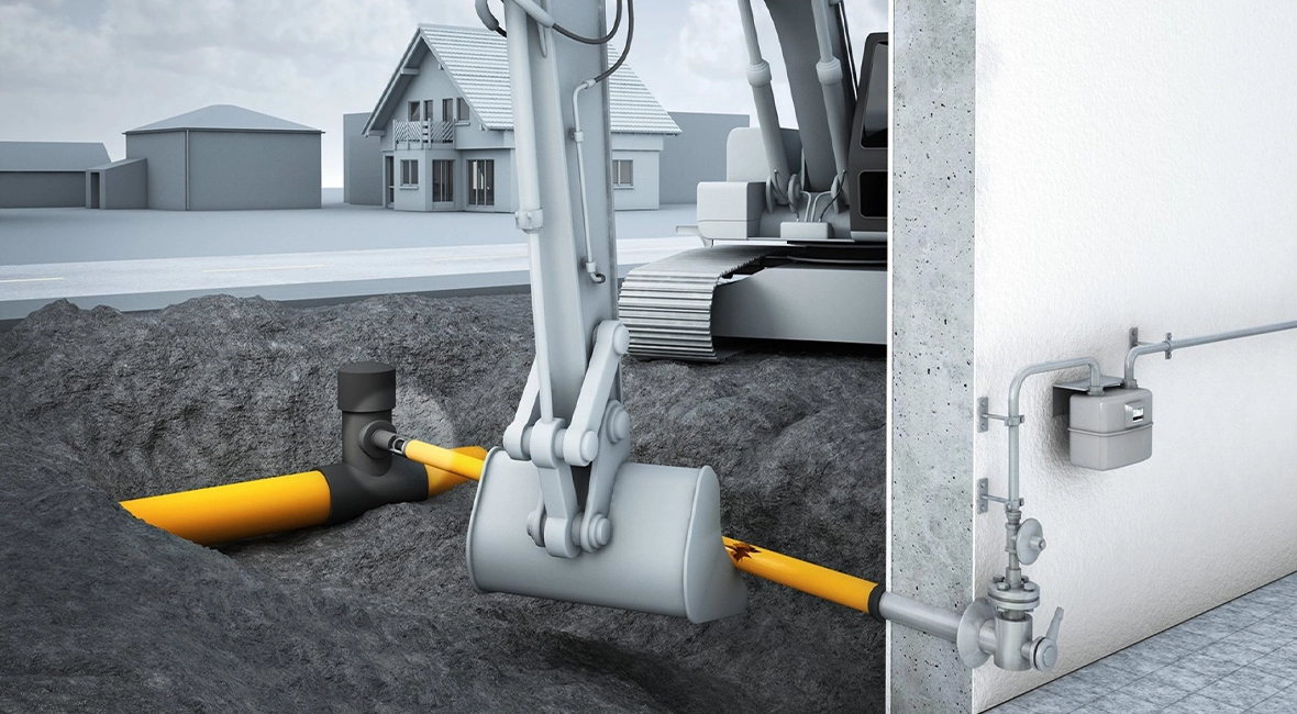 Animation: Excavator damaging a yellow pipe next to a water line on a wall (photo)