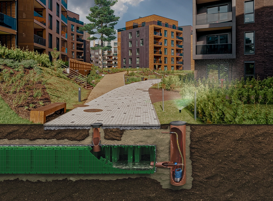 Animated cross-section of a building complex with a smart water and energy management system (photo)