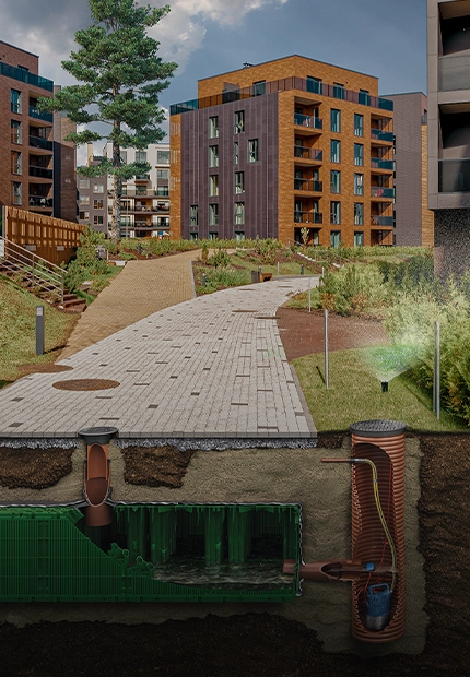 Animated cross-section of a building complex with a smart water and energy management system (photo)